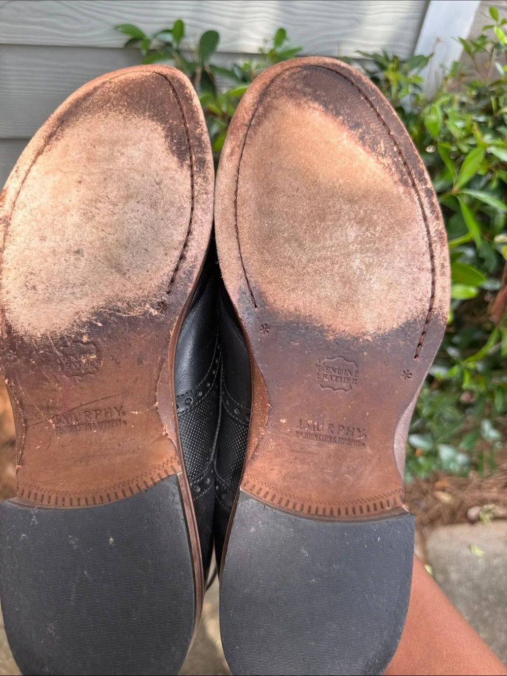 Johnston & Murphy Black Leather Wingtip Oxfords with Brown Sole